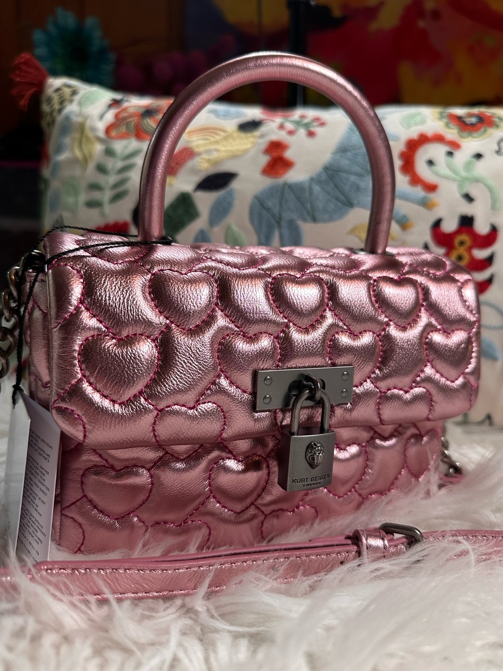 Kurt Geiger • The Brixton Quilted Heart Metallic Leather Top Handle Purse - Picture 10 of 17